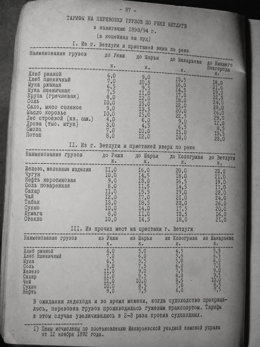 A photographed page of a self-published almanac: dense typewritten freight tables in Russian, with a short paragraph and a single footnote at the bottom.