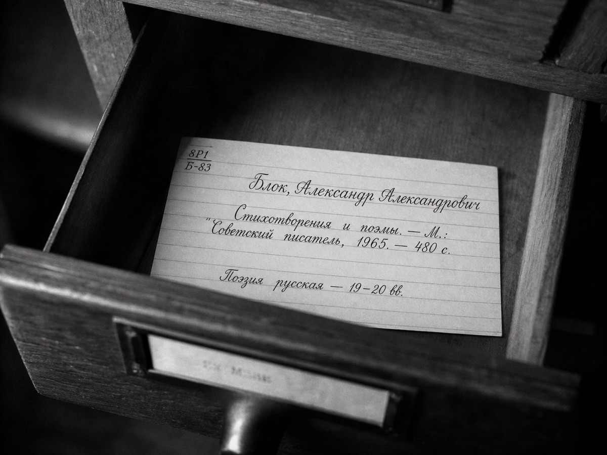 A close-up of a handwritten library catalog card in an open wooden drawer, every Cyrillic letter formed with great care.