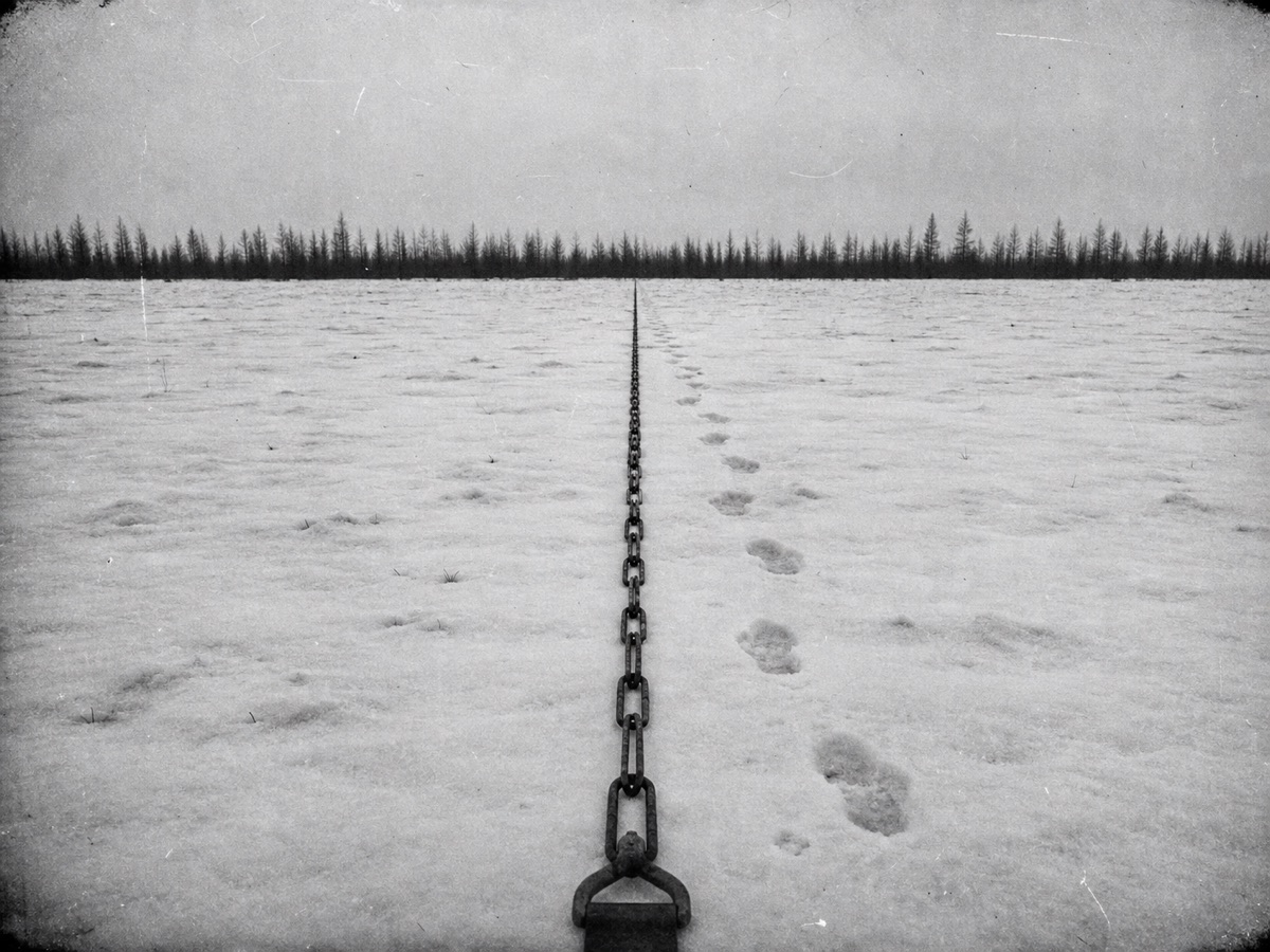 A grainy black-and-white photograph of a surveyor's chain laid in a straight line across a snowfield toward a distant treeline, footprints alongside.