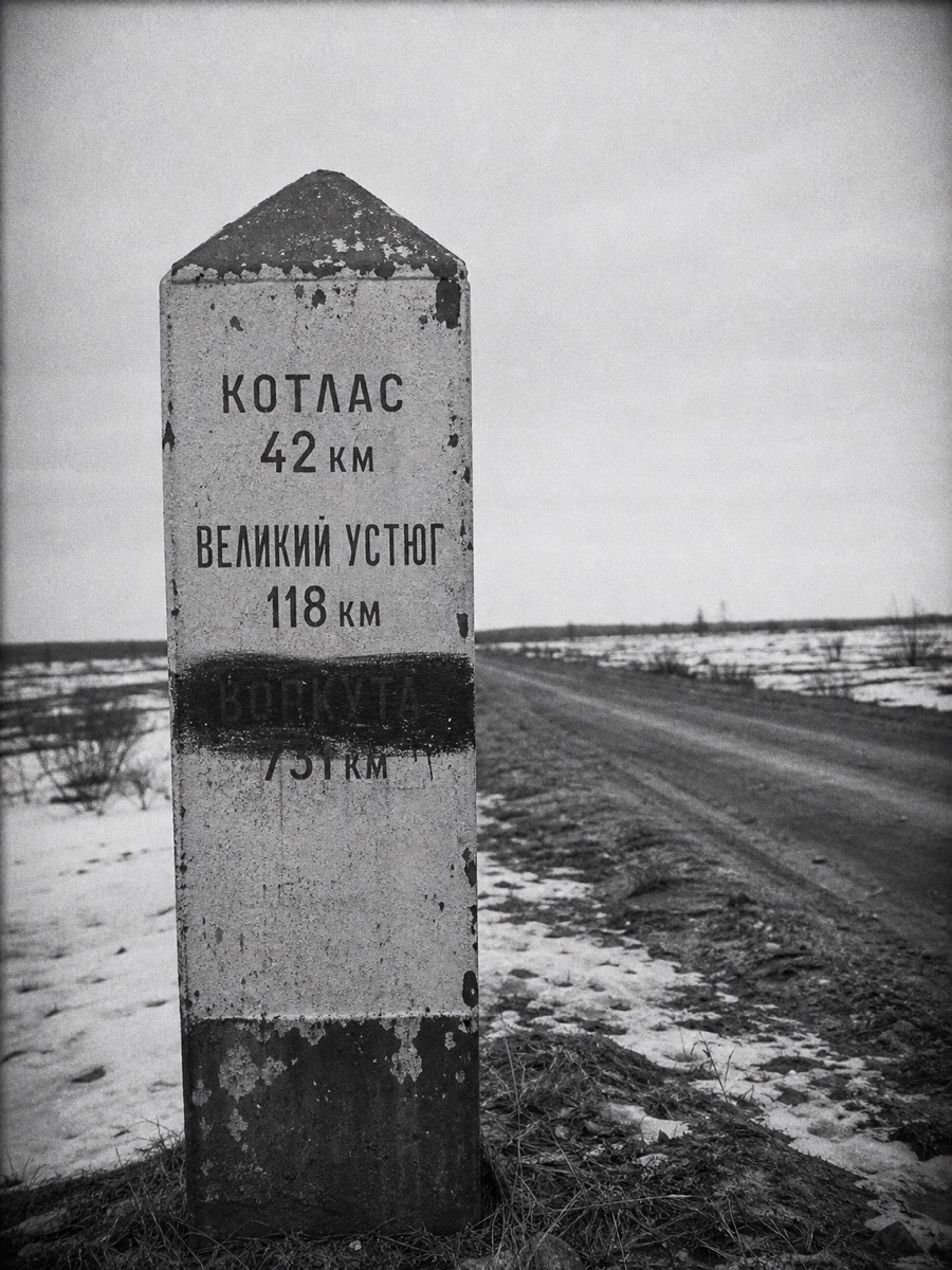 A weathered roadside milestone beside an empty dirt road, painted with town names and distances in Cyrillic; the third name is painted over.