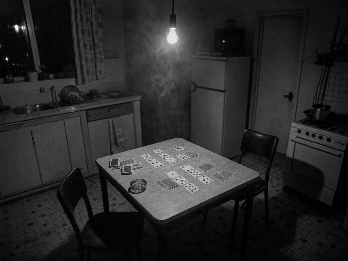 A kitchen at night under a single bare bulb: a small table covered with playing cards laid out mid-game, two empty chairs pushed back, smoke in the lamplight.